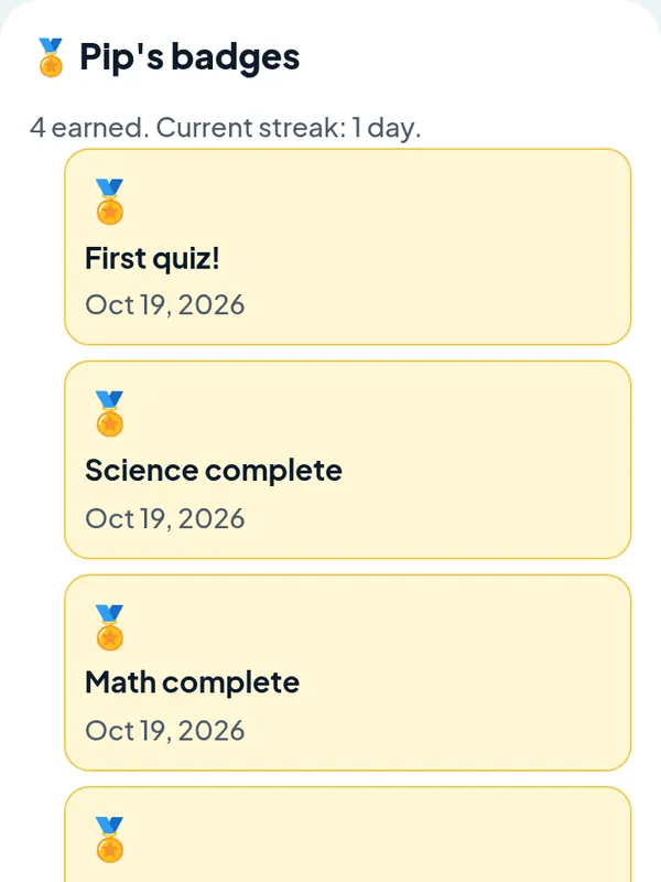List of earned badges such as First quiz and Science complete