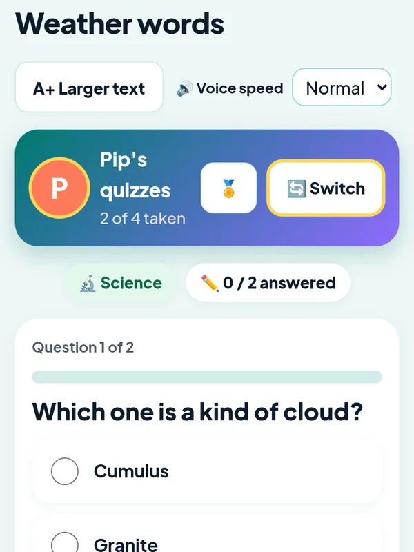 Quiz question screen with four big answer buttons and a read-aloud button