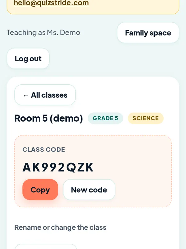 Teacher view of a class with its join code and published quizzes