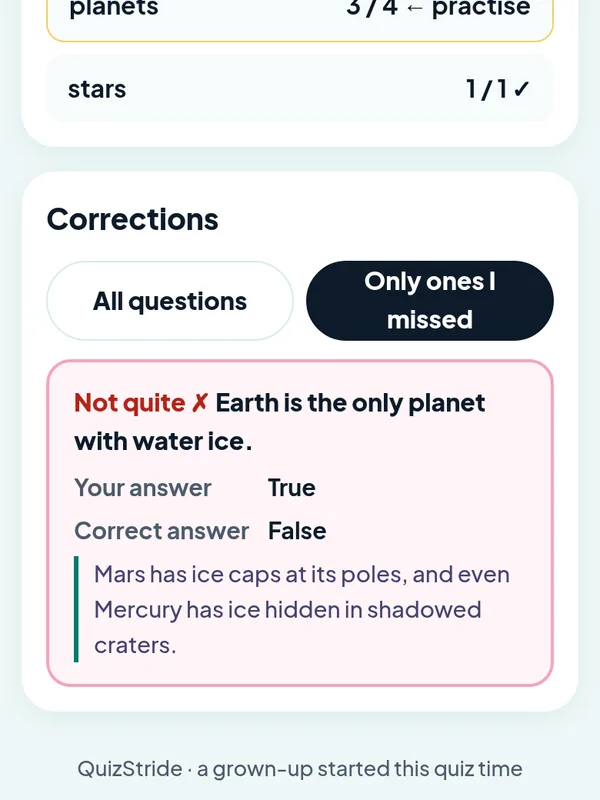 Results screen showing 4 out of 5 with a correction that explains the right answer