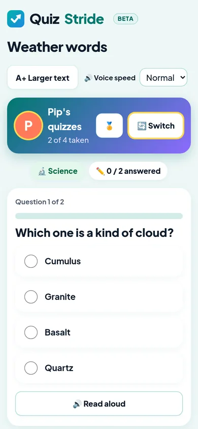 A kid answering a quiz question about clouds on a phone